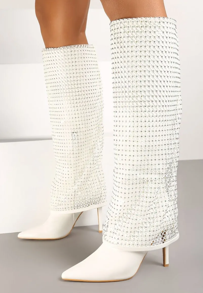 Białe Cyrkoniowe Kozaki na Obcasie z Siateczkową Cholewką Imitującą Nogawkę Temiria