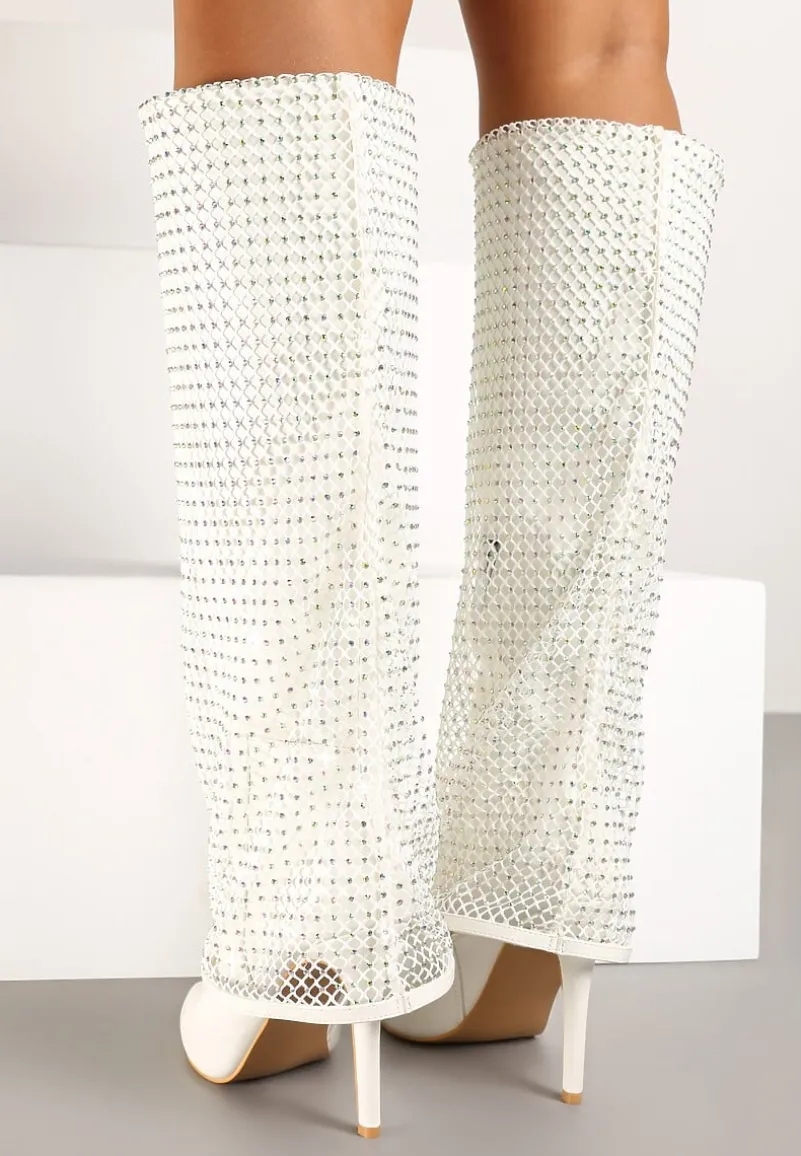 Białe Cyrkoniowe Kozaki na Obcasie z Siateczkową Cholewką Imitującą Nogawkę Temiria