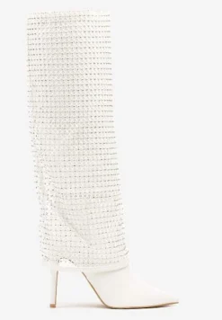 Białe Cyrkoniowe Kozaki na Obcasie z Siateczkową Cholewką Imitującą Nogawkę Temiria