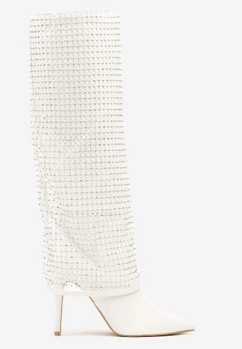 Białe Cyrkoniowe Kozaki na Obcasie z Siateczkową Cholewką Imitującą Nogawkę Temiria