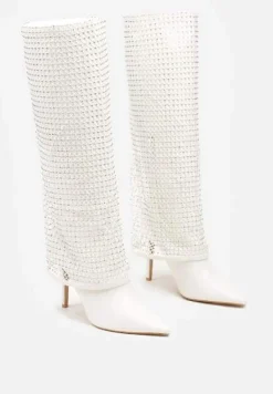 Białe Cyrkoniowe Kozaki na Obcasie z Siateczkową Cholewką Imitującą Nogawkę Temiria