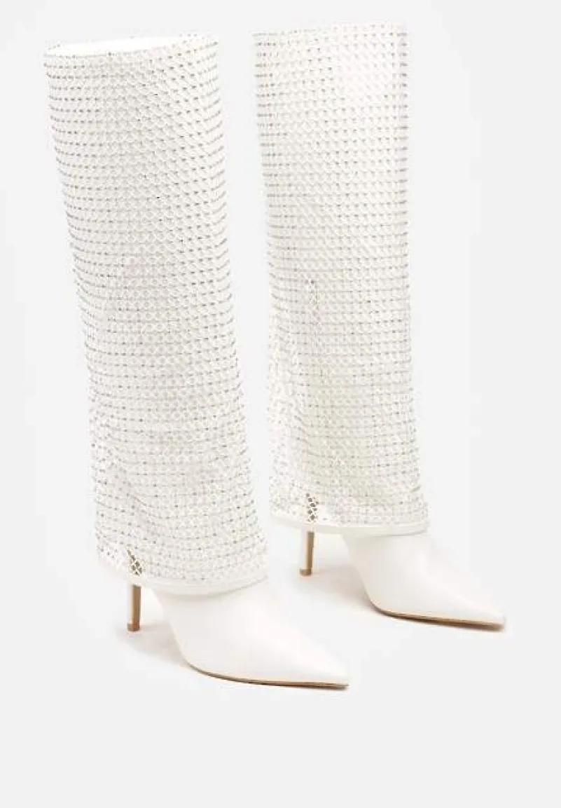 Białe Cyrkoniowe Kozaki na Obcasie z Siateczkową Cholewką Imitującą Nogawkę Temiria