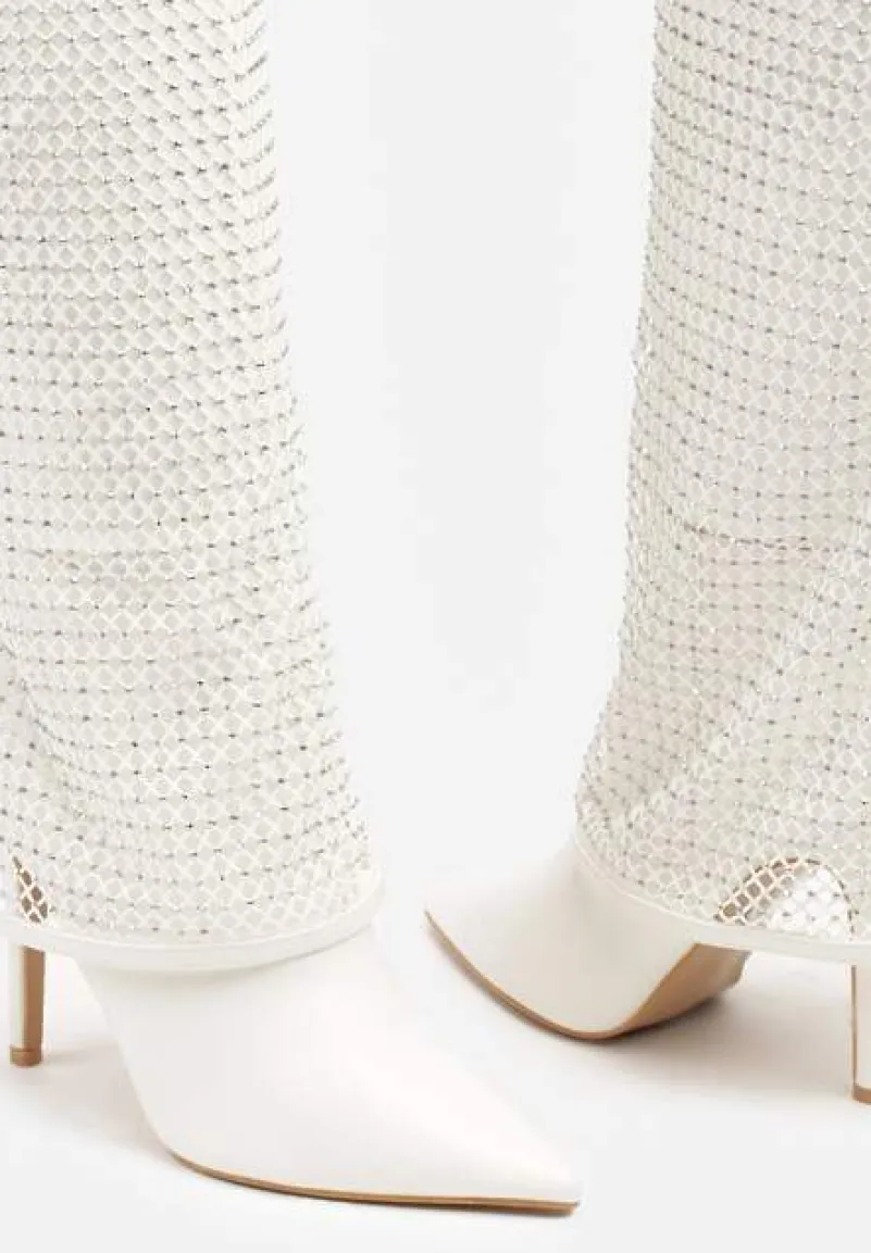 Białe Cyrkoniowe Kozaki na Obcasie z Siateczkową Cholewką Imitującą Nogawkę Temiria