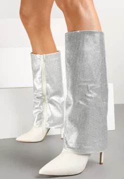 Białe Cyrkoniowe Kozaki na Obcasie Typu Szpilka z Cholewką Imitującą Nogawkę Valentila