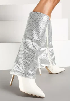 Białe Cyrkoniowe Kozaki na Obcasie Typu Szpilka z Cholewką Imitującą Nogawkę Valentila