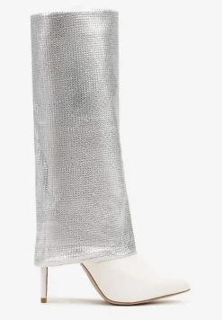 Białe Cyrkoniowe Kozaki na Obcasie Typu Szpilka z Cholewką Imitującą Nogawkę Valentila