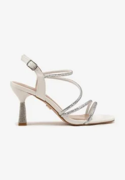 Białe Cyrkoniowe Sandały Vices na Stożkowym Obcasie Galitiela