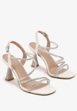 Białe Cyrkoniowe Sandały Vices na Stożkowym Obcasie Galitiela