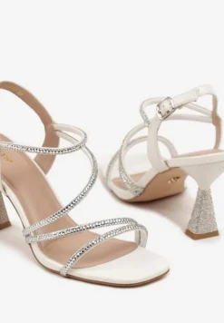 Białe Cyrkoniowe Sandały Vices na Stożkowym Obcasie Galitiela