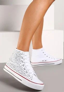 Białe Cyrkoniowe Trampki na Płaskiej Podeszwie z Wysoką Cholewką Isisea