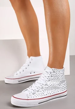 Białe Cyrkoniowe Trampki na Płaskiej Podeszwie z Wysoką Cholewką Isisea