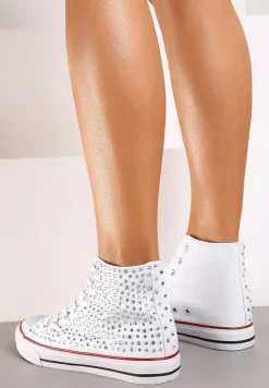 Białe Cyrkoniowe Trampki na Płaskiej Podeszwie z Wysoką Cholewką Isisea