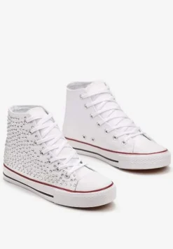 Białe Cyrkoniowe Trampki na Płaskiej Podeszwie z Wysoką Cholewką Isisea