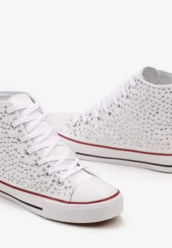 Białe Cyrkoniowe Trampki na Płaskiej Podeszwie z Wysoką Cholewką Isisea