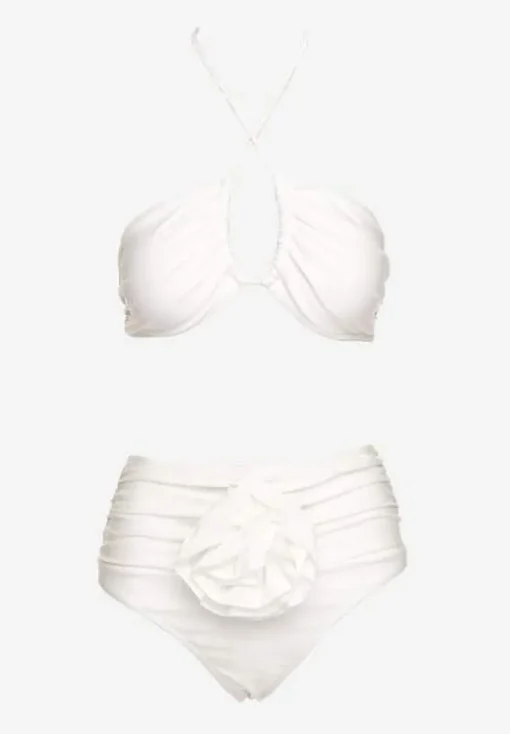 Białe 2-Częściowe Bikini Stanik Zapinany przy Szyi z Wiązaniem Figi z Wysokim Stanem Nanselian