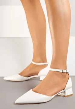 Białe Czółenka na Niskim Obcasie ze Szpiczastym Noskiem i Paskiem Wokół Kostki Faliviela