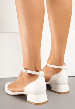 Białe Czółenka na Niskim Obcasie ze Szpiczastym Noskiem i Paskiem Wokół Kostki Faliviela