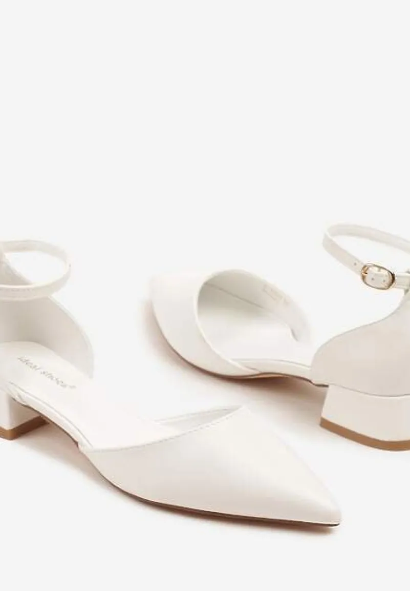 Białe Czółenka na Niskim Obcasie ze Szpiczastym Noskiem i Paskiem Wokół Kostki Faliviela