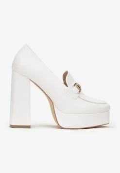 Białe Czółenka na Platformie i Słupku z Ozdobną Klamerką Idonora