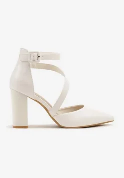 Białe Czółenka na Słupku z Wkładką ze Skóry Naturalnej Ozdobione Paskami Sopelina