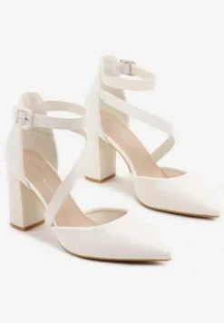 Białe Czółenka na Słupku z Wkładką ze Skóry Naturalnej Ozdobione Paskami Sopelina