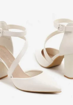 Białe Czółenka na Słupku z Wkładką ze Skóry Naturalnej Ozdobione Paskami Sopelina