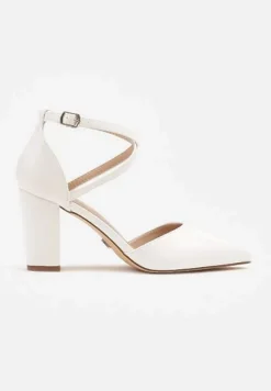 Białe Czółenka na Słupku ze Skórzaną Wkładką i Ozdobnymi Paskami Leaniria