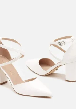 Białe Czółenka na Słupku ze Skórzaną Wkładką i Ozdobnymi Paskami Leaniria