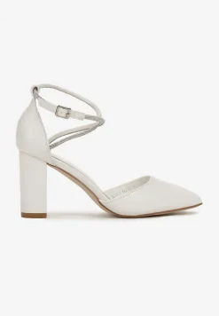 Białe Czółenka na Słupku ze Szpiczastym Noskiem i Paskiem w Cyrkonie Jiansa