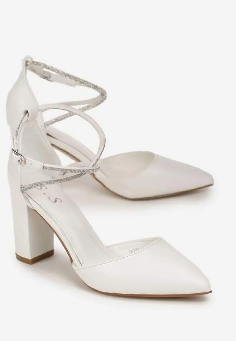 Białe Czółenka na Słupku ze Szpiczastym Noskiem i Paskiem w Cyrkonie Jiansa