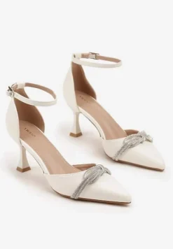 Białe Czółenka na Szpilce Vices z Cyrkoniową Kokardą Atennia