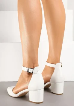 Białe Czółenka Sandały Vices na Słupku ze Skórzaną Wkładką Ozdobione Brokatem Leanelith