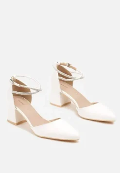 Białe Czółenka Vices na Słupku z Wkładką ze Skóry Naturalnej i Paskami z Cyrkoniami Riastella