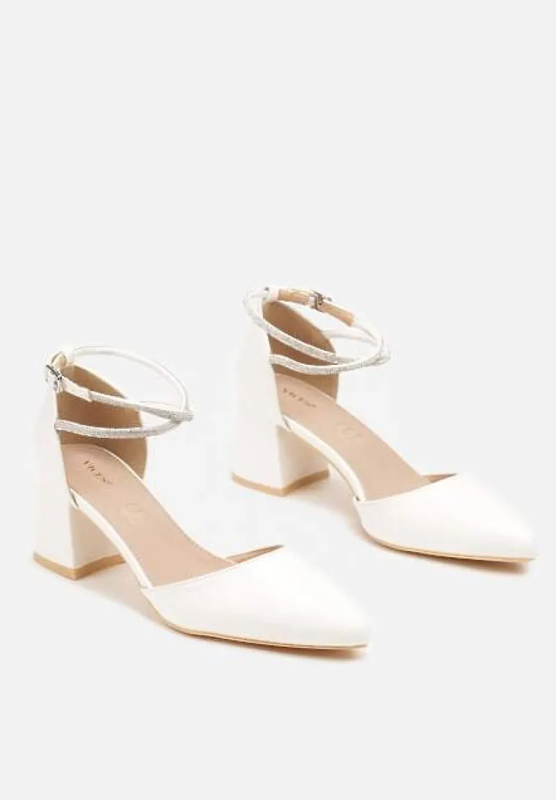 Białe Czółenka Vices na Słupku z Wkładką ze Skóry Naturalnej i Paskami z Cyrkoniami Riastella