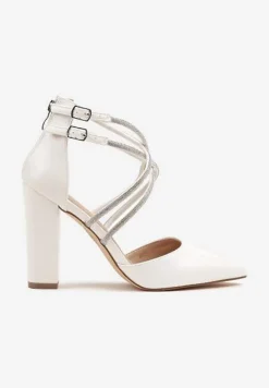 Białe Czółenka Vices na Słupku ze Skórzaną Wkładką Ozdobione Cyrkoniami i Paskami Sairira