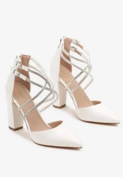 Białe Czółenka Vices na Słupku ze Skórzaną Wkładką Ozdobione Cyrkoniami i Paskami Sairira