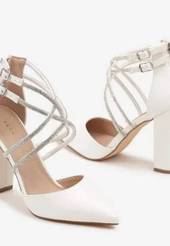 Białe Czółenka Vices na Słupku ze Skórzaną Wkładką Ozdobione Cyrkoniami i Paskami Sairira