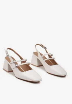 Białe Czółenka z Ekoskóry Typu Slingback na Słupku z Trzema Sprzączkami Qrevia