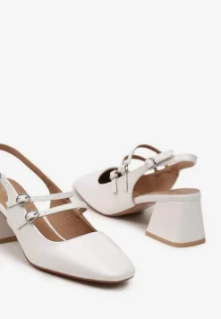 Białe Czółenka z Ekoskóry Typu Slingback na Słupku z Trzema Sprzączkami Qrevia