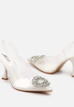 Białe Czółenka z Odkrytą Piętą i Transparentną Cholewką oraz Cyrkoniami Navieria