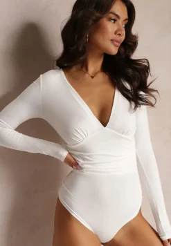Białe Dopasowane Body z Długim Rękawem i Głębokim Dekoltem Cotine
