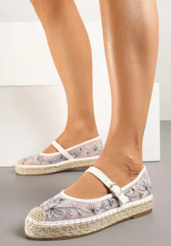 Białe Espadryle z Siateczki na Plecionej Podeszwie Zdobione Haftem Evelritia