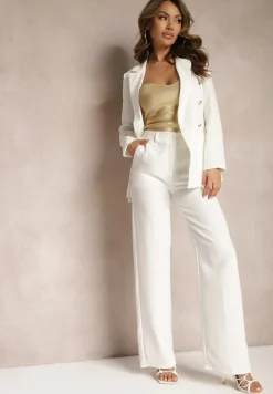 Białe Garniturowe Spodnie High Waist z Kieszeniami Blathe