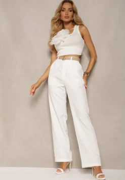 Białe Garniturowe Spodnie High Waist z Gumką w Talii Oziara