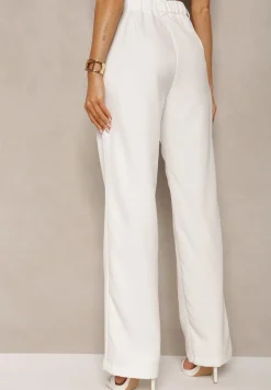 Białe Garniturowe Spodnie High Waist z Gumką w Talii Oziara