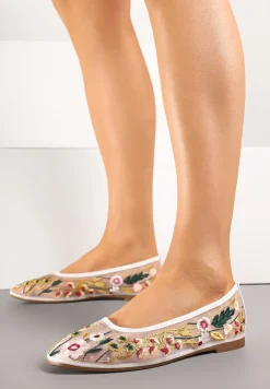Białe Haftowane Balerinki z Siateczki z Kwiatowym Motywem Feviane