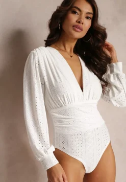 Białe Haftowane Body z Długim Rękawem Corynne