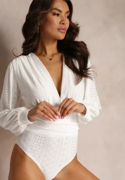 Białe Haftowane Body z Długim Rękawem Corynne