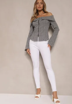 Białe Jeansy Skinny z Bawełną High Waist Ozdobione Guzikami Callirna