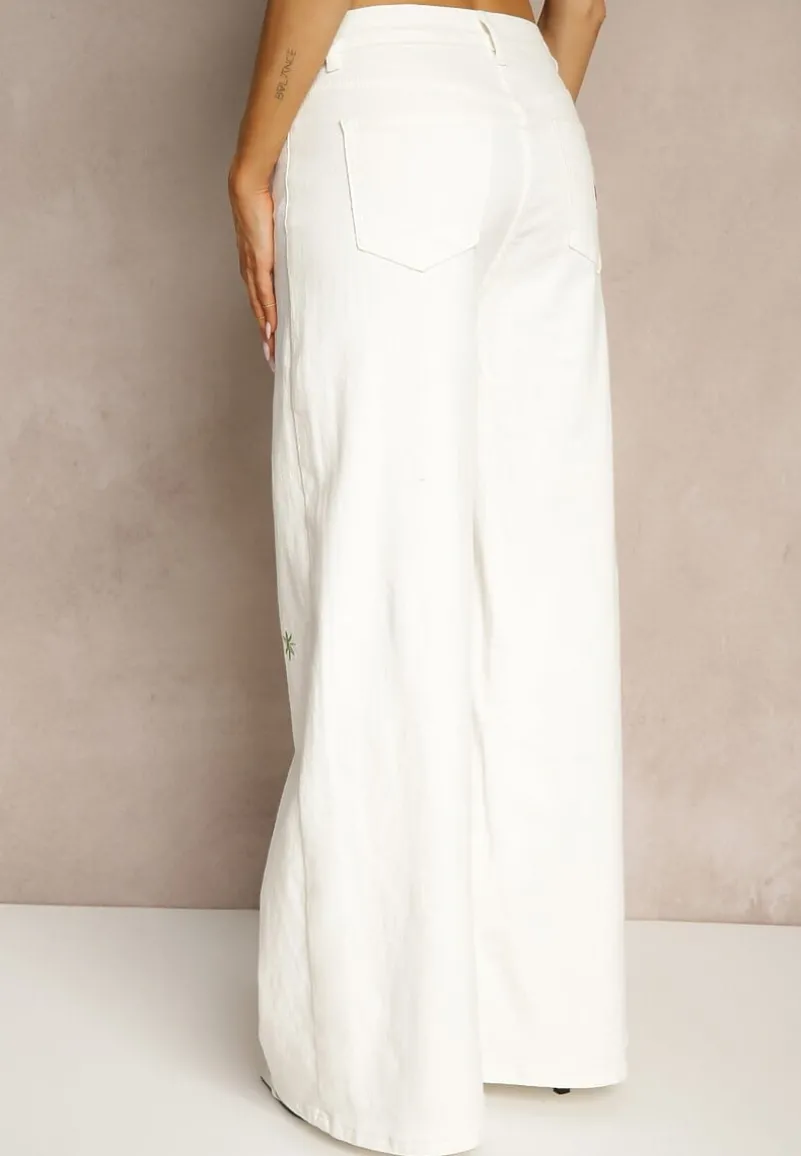 Białe Jeansy z Bawełny o Szerokim Kroju High Waist z Haftami Florsedi